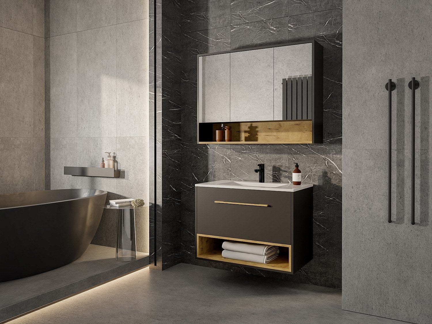 Szafka łazienkowa wisząca w kolorze antracytowym z umywalką i lustrem - 80 cm - YANGRA