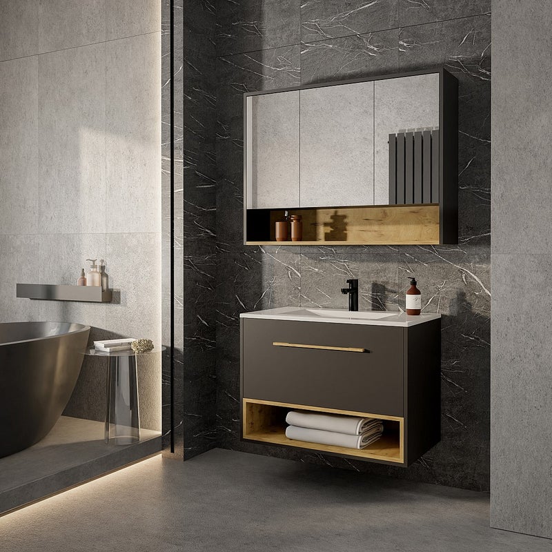 Szafka łazienkowa wisząca w kolorze antracytowym z umywalką i lustrem - 80 cm - YANGRA