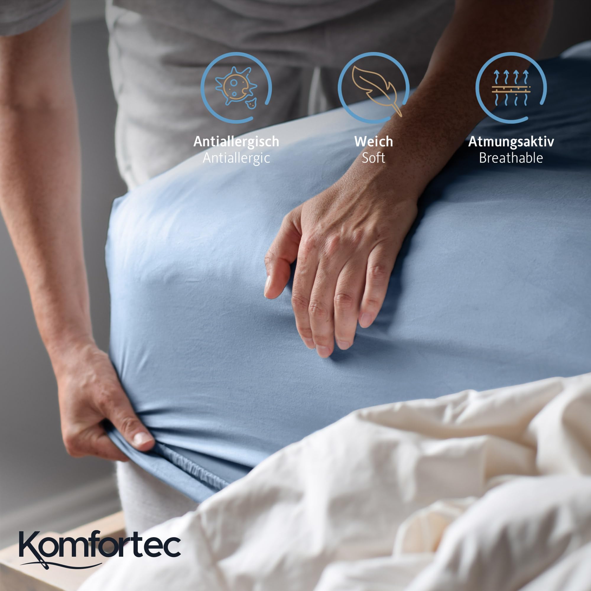 Komfortec Lenzuolo con angoli elasticizzati, 140 x 200 cm, 100% cotone, azzurro - 3