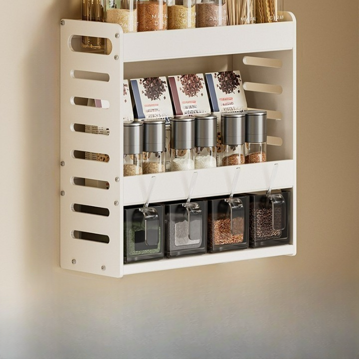 Półka kuchenna bez wiercenia, wielopoziomowa półka ścienna, stojak do przechowywania przypraw i przypraw, biały, 3 poziomy, 4 miski