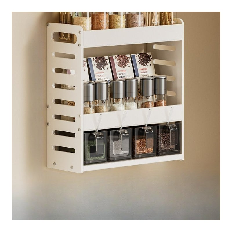 Półka kuchenna bez wiercenia, wielopoziomowa półka ścienna, stojak do przechowywania przypraw i przypraw, biały, 3 poziomy, 4 miski