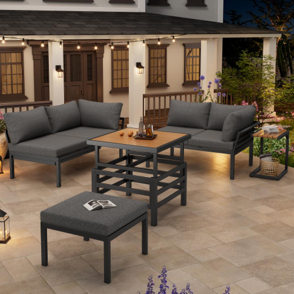 Ensemble de meubles de jardin (2 canapés doubles + 1 repose-pieds), table avec plateau en plastique, structure en fer galvanisé, coussins inclus - 4