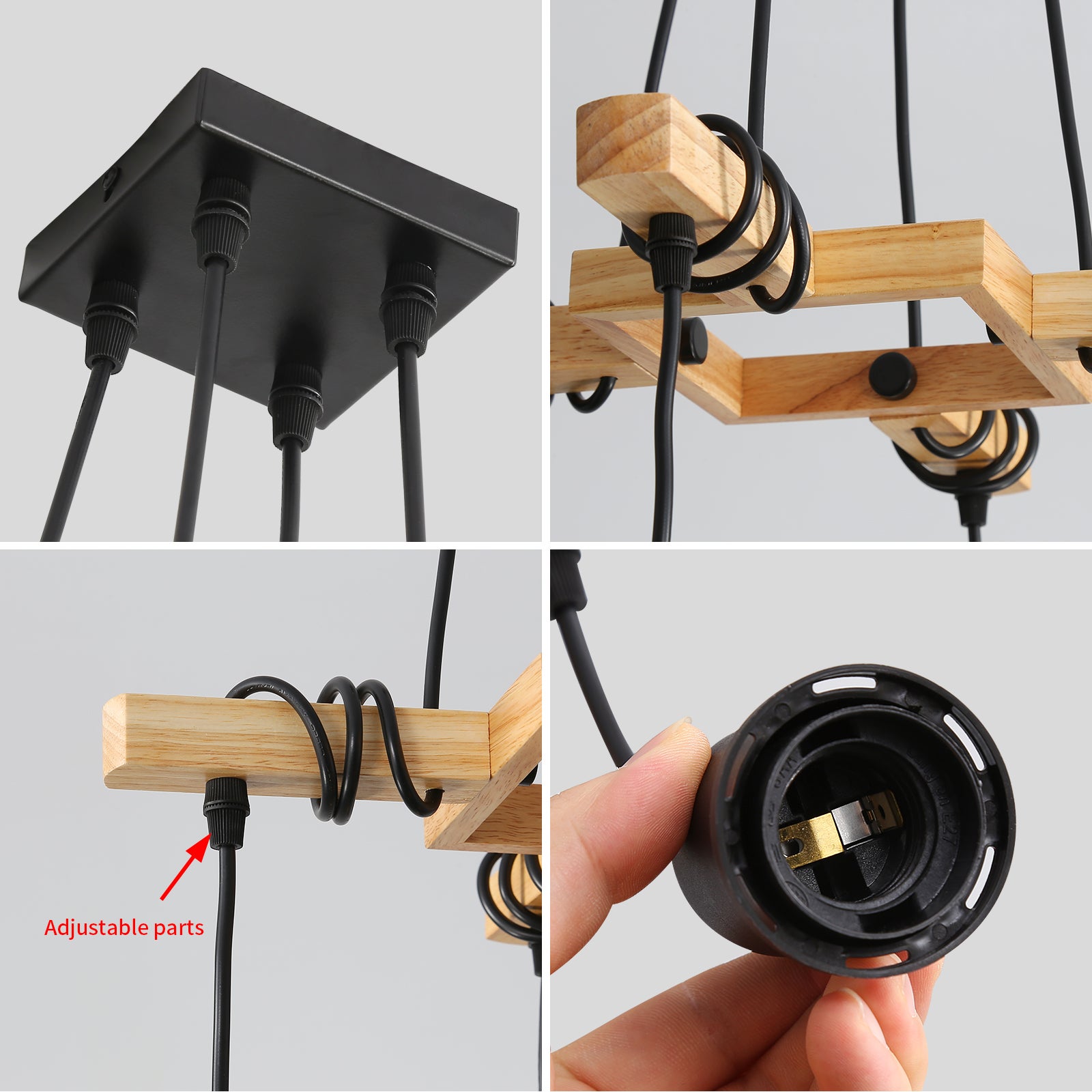 GOECO Suspension Luminaire Industrielle, Luminaire Plafonnier Vintage en Bois Noir, 4 culots E27, Lustre Industrielle pour salon Salle à manger - 9