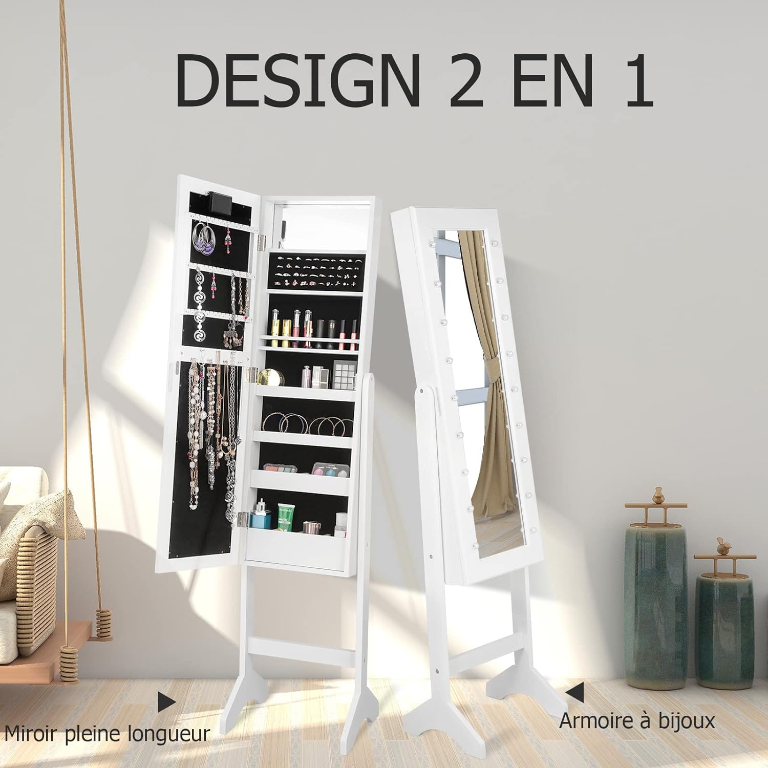 Armoire a Bijoux sur Pied,Rangemen avec Miroir Plein Longueur & Lumieres LED sur le Miroir, Autoportante Verrouillable avec Crochet de Collier(Blanc) - 5