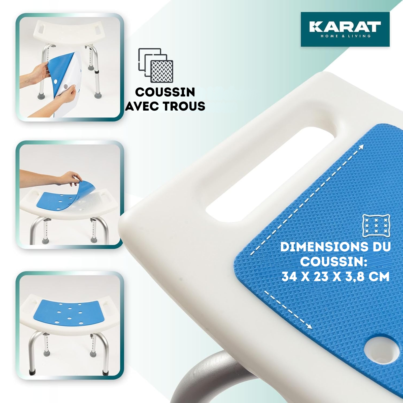 Tabouret de douche et de bain Noah Réglable en hauteur Facile à&nbsp; nettoyer Pieds en caoutchouc antidérapant Peut supporter jusqu'à&nbsp; 136 kg - 6
