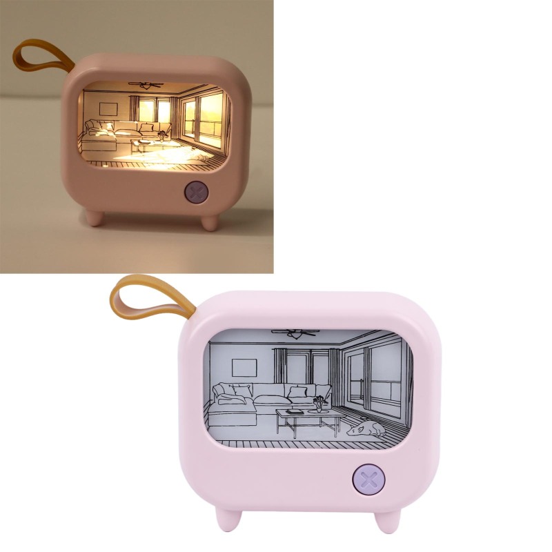 Lampka nocna Malowanie Świetlne Kształt Telewizora 2 Tryby Oświetlenia Przenośna Ładowana przez USB Lampka Stołowa Nocna Wystrój Sypialni Różowa