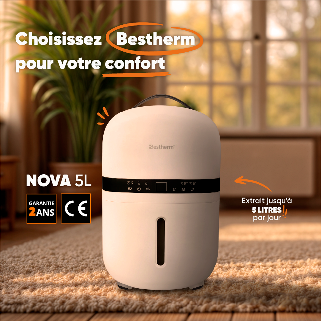 Déshumidificateur d'air BESTHERM - Nova 5L/jour, fonction purificateur d'air, filtre à charbon actif anti-odeurs, avec minuterie 24h - 2