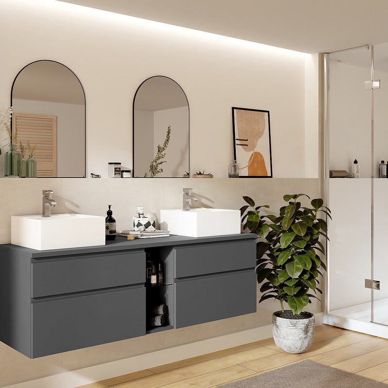 Szafka łazienkowa wisząca z dwoma umywalkami - Szary - 150 cm - MAGDALENA II