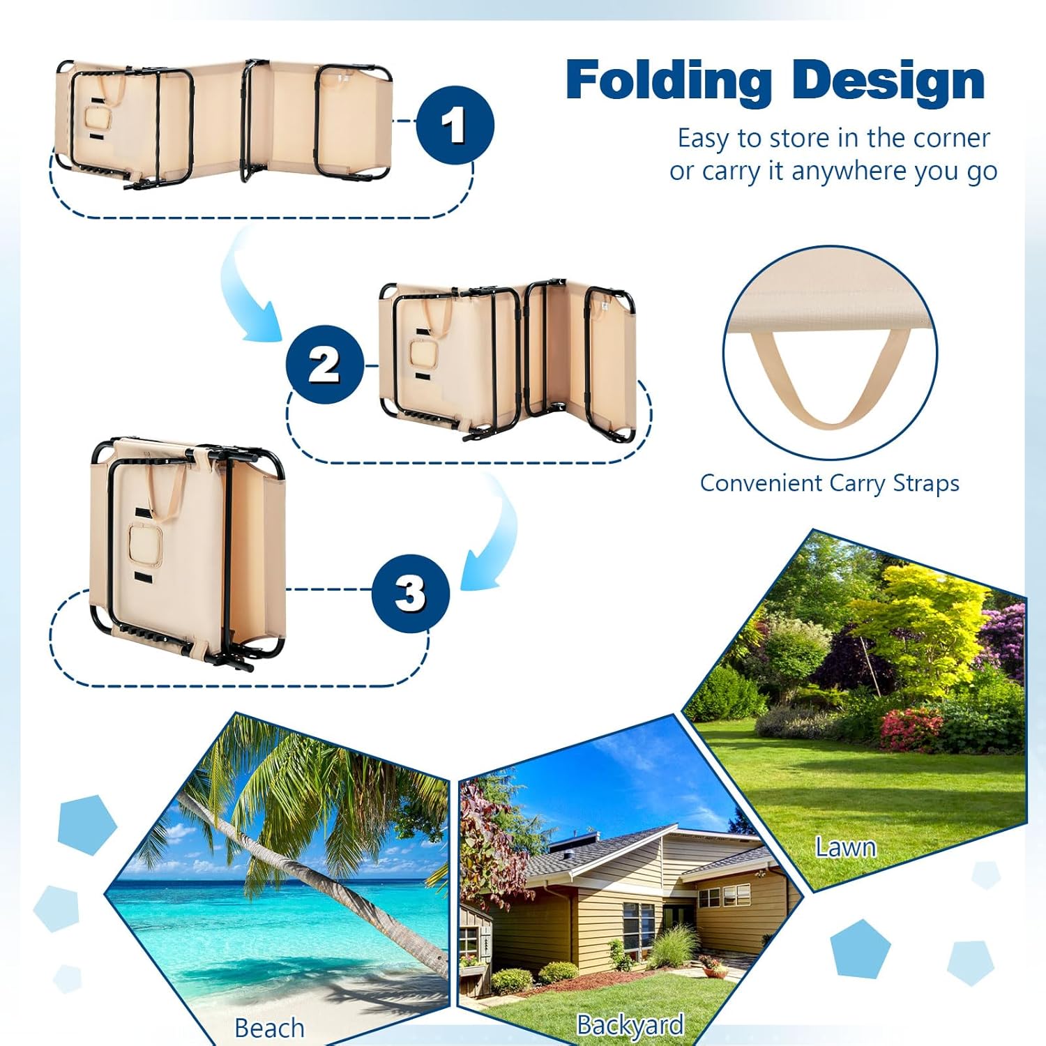Cadeira de Sol Dobrável,Cadeira Comprida,3 Apoios de Cabeça Removíveis,Cadeira de Praia Reclinável,Encosto Regulável em 5 Posições,63x194x37cm,Bege - 8