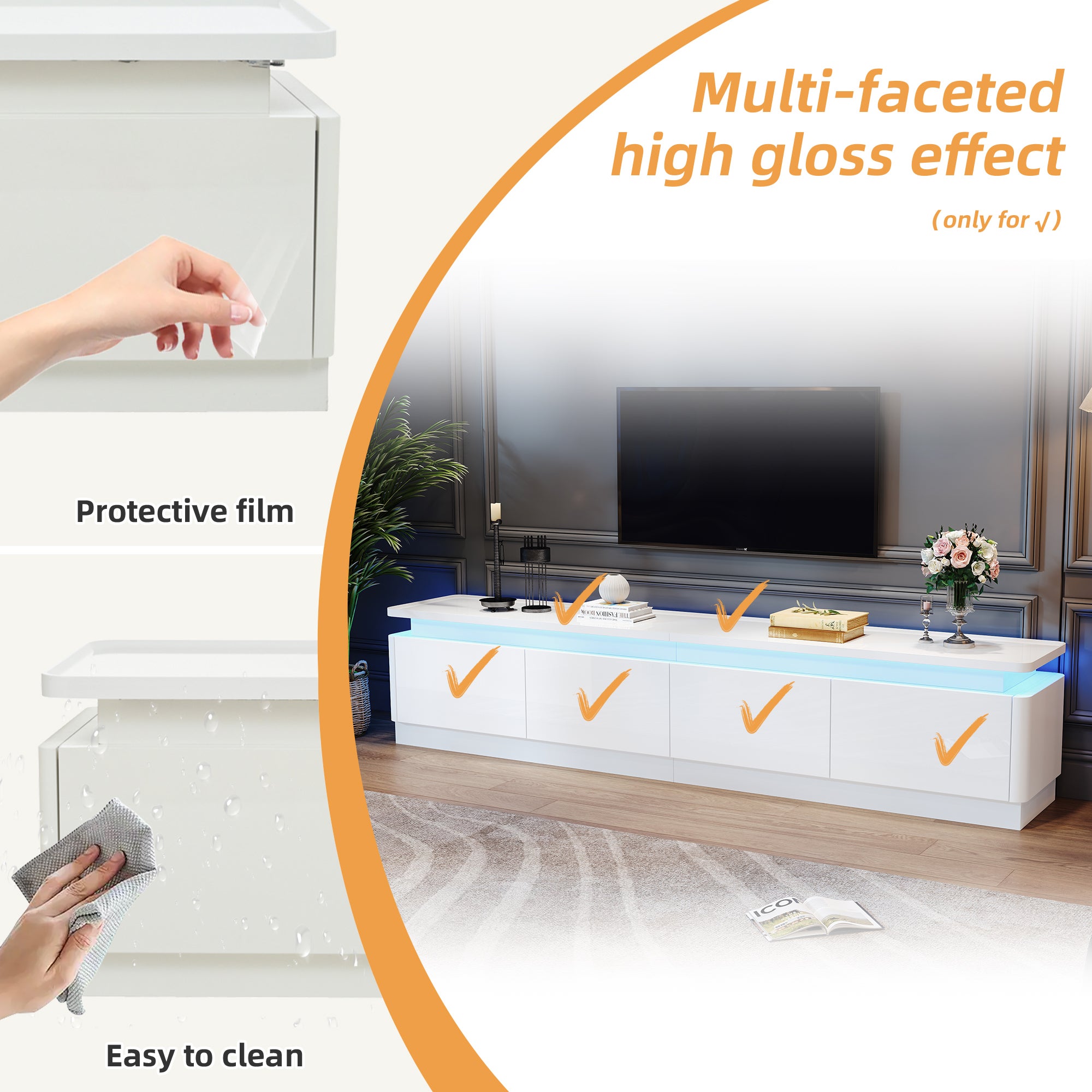Stolik pod TV 180x34x40cm - z 4 szufladami - z oświetleniem LED - wykończenie błyszczące - kolor biały - 5