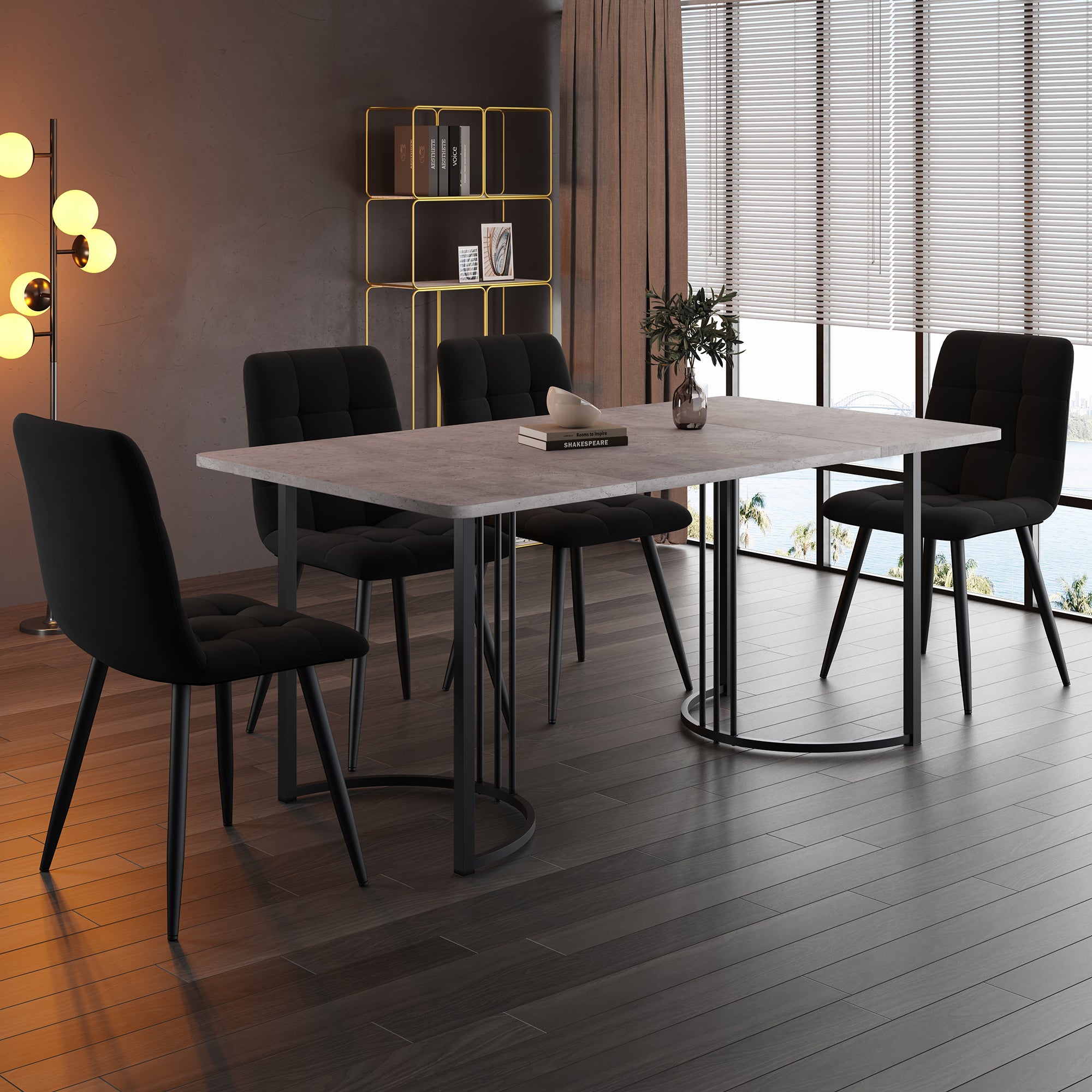 Conjunto de cocina-comedor (5 piezas): mesa (140×80 cm, mdf gris, patas de metal negro) + 4 sillas de terciopelo negro