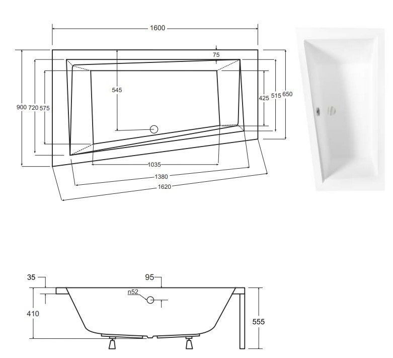 Baignoire asymétrique de 160 x 90 cm - Blanc - Gauche - avec Repose Tête OFFERT - INTIMA - 4