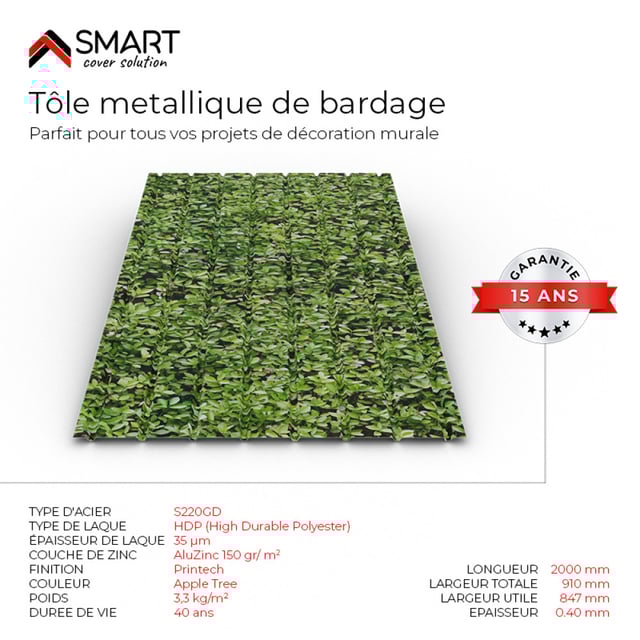 Tôle bac acier - Bardage - plaque H12 Coloris Apple Tree Printech Dimensions 1200x910x0.40 mm