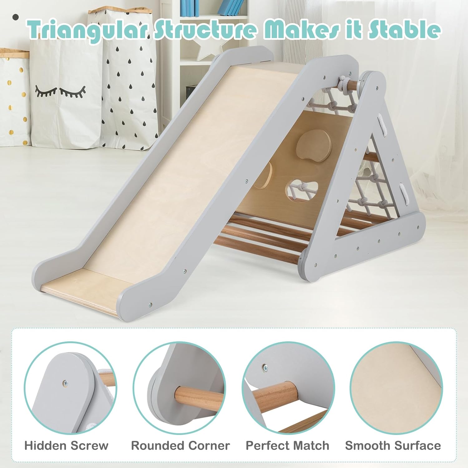 Toboggan Enfant avec Triangle Escalade Montessori, Filet à Grimper, Planche et Échelle, Charge 50KG, pour Bébé 1 An+,Gris - 6