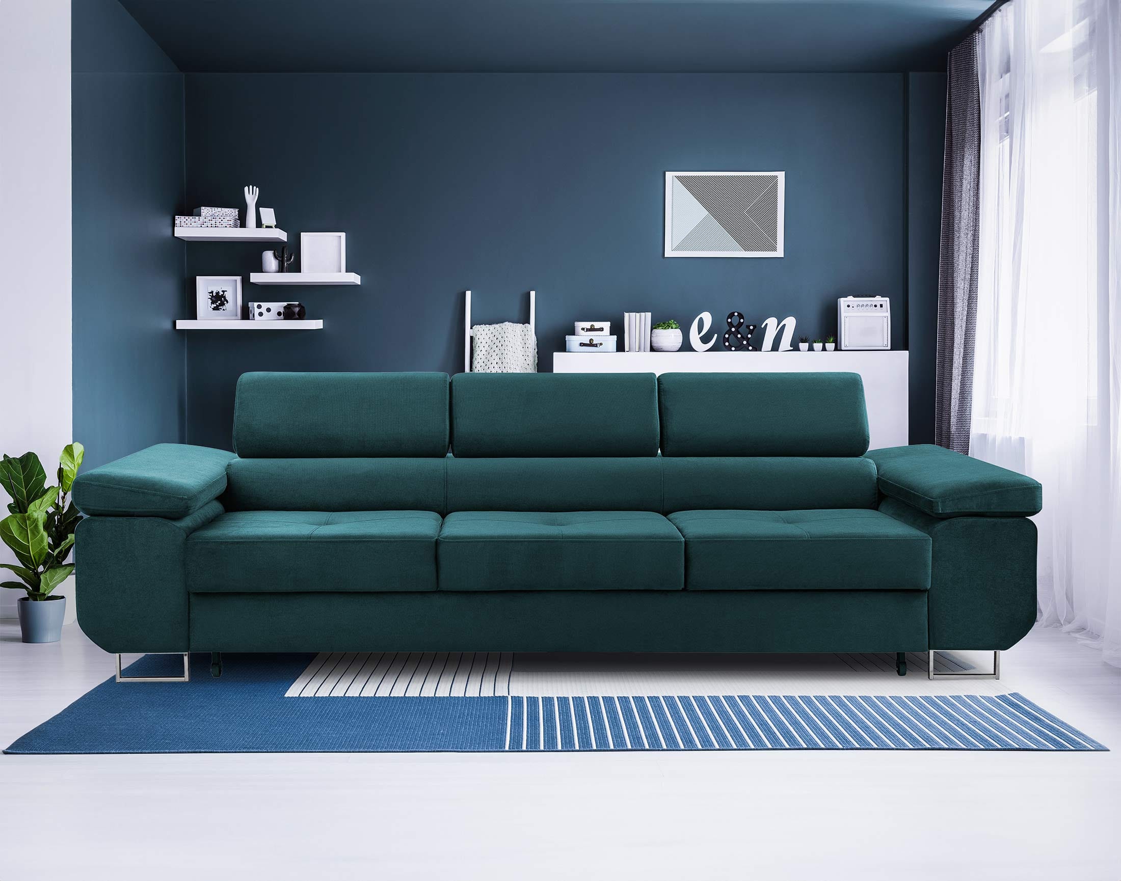 Canapé convertible design 3-4 places velours bleu et pieds acier chromé Canapé convertible design 3-4 places velours bleu et pieds acier chromé