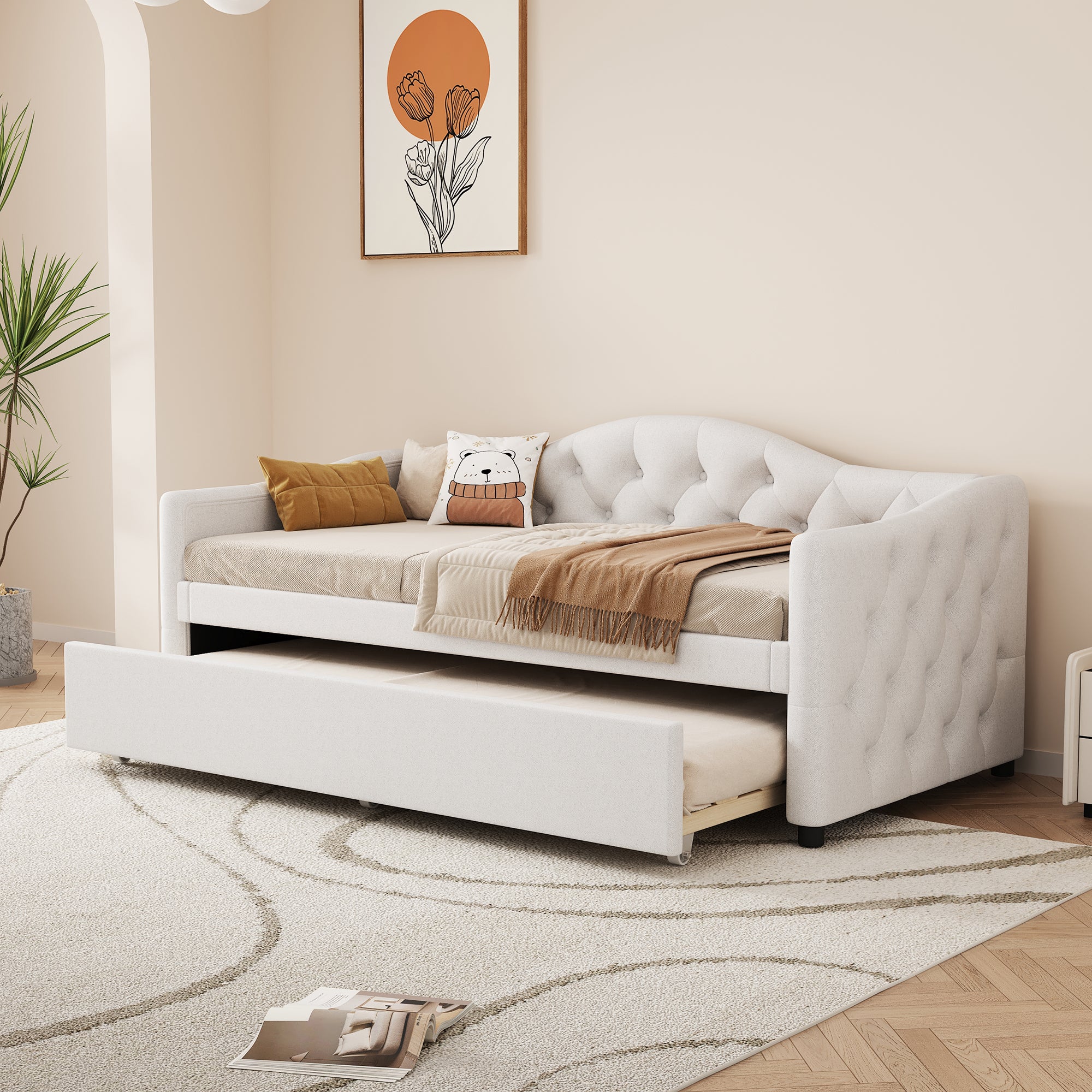 Cama nido 90 x 200 cm + cama 90 x 190 cm, sofá cama - tejido lino - color beige (sin colchón) - 3