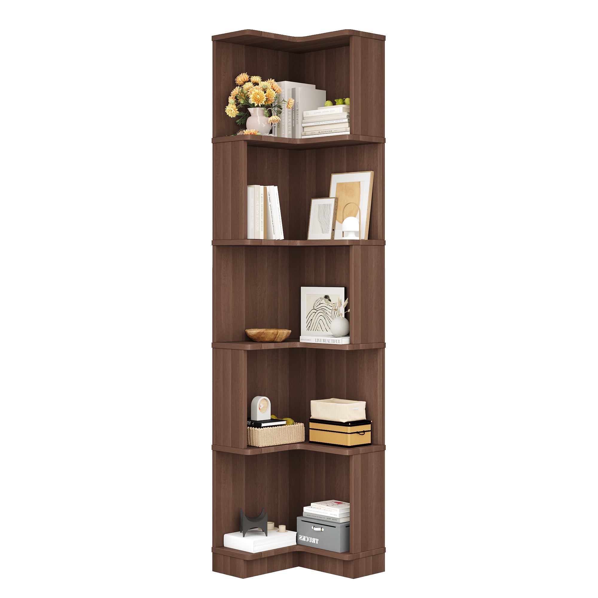 Libreria angolare con 5 ripiani - 63,5 x 45 x 175 cm - MDF - LED cambia colore - Marrone - 6