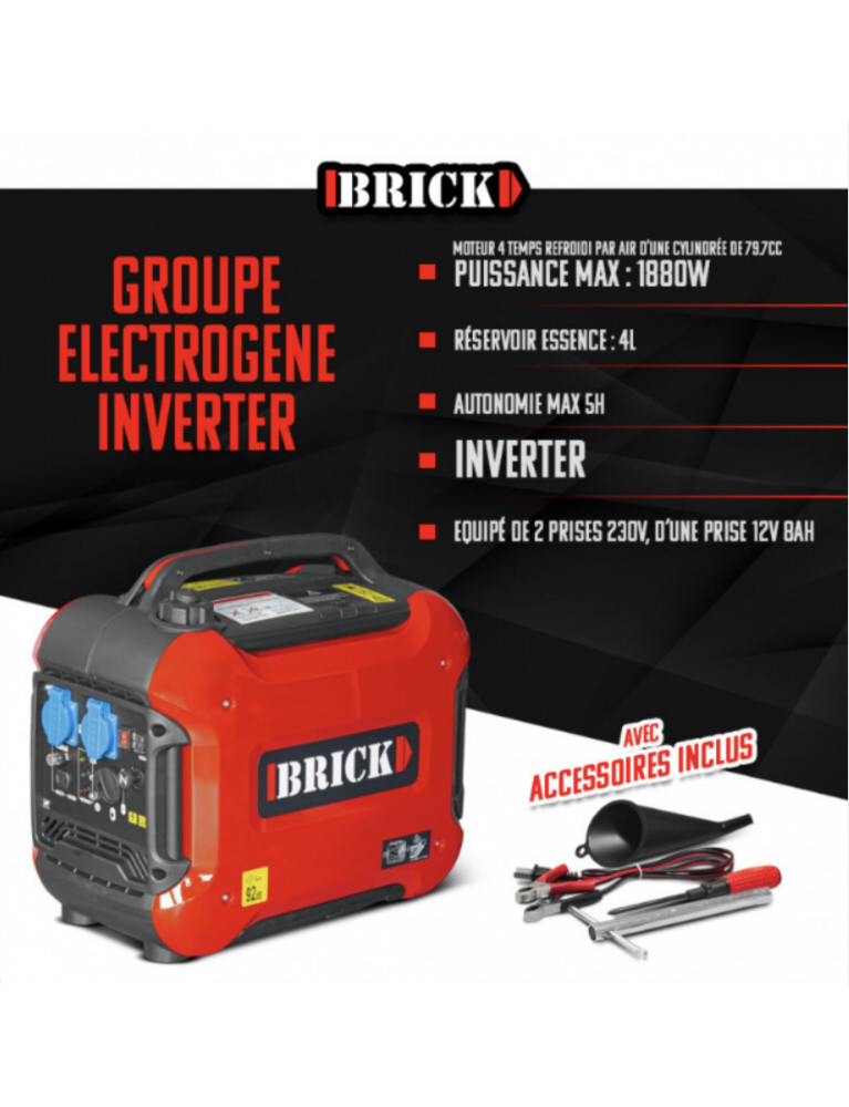 Groupe électrogène inverter silencieux – 1880 W – Autonomie 5 h - 3