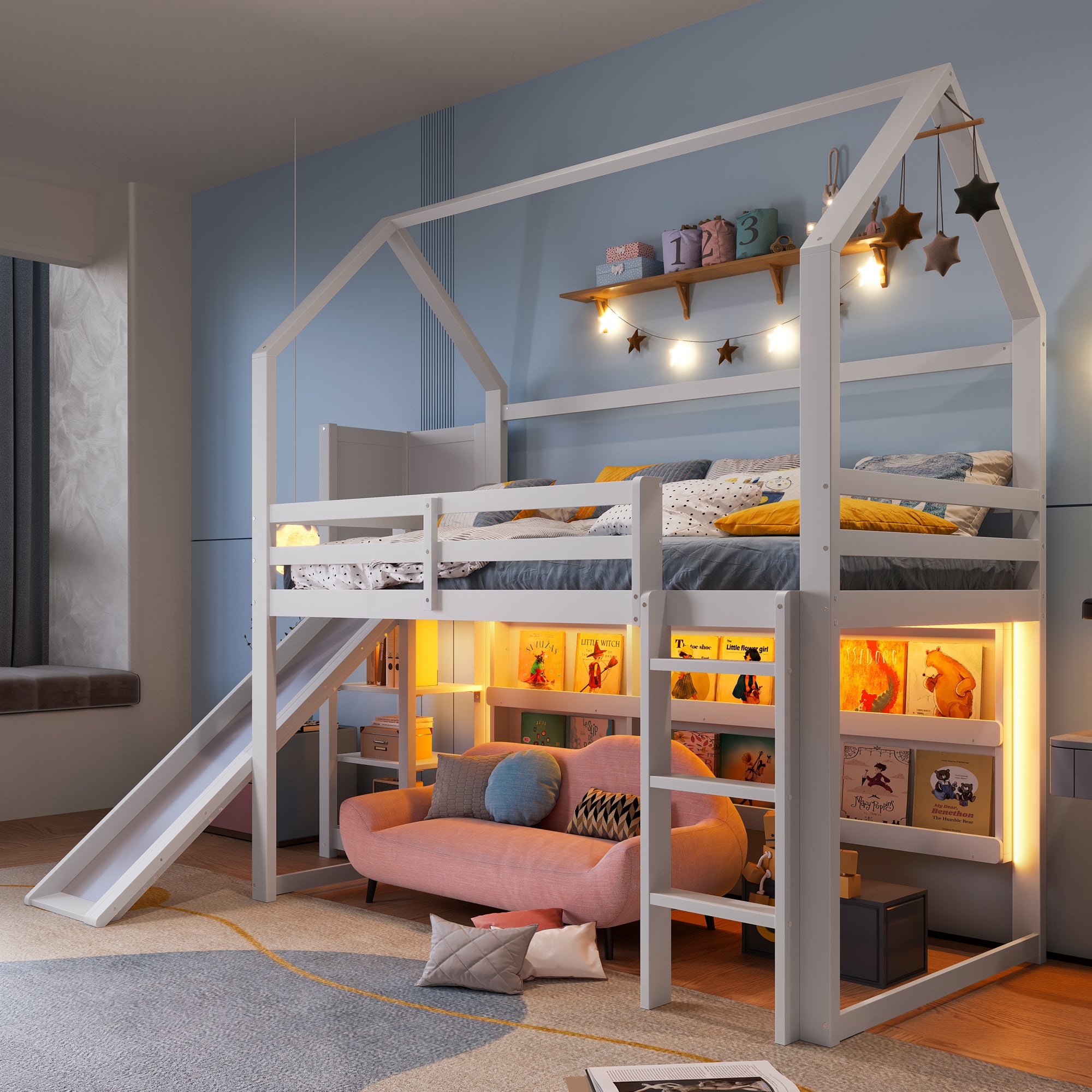 Lit Mezzanine 90 X 200cm Avec Bande Lumineuse LED, Lit Enfant Avec