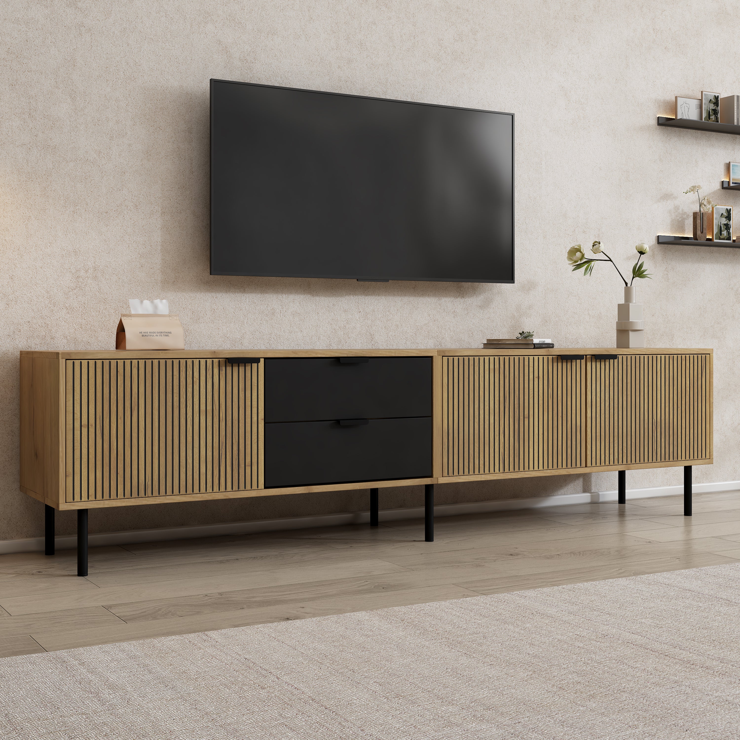 Stolik pod TV z 3 drzwiami i 2 szufladami - 208 x 40 x 48 cm - Płyta wiórowa i metalowe nogi - Kolor czarny z efektem drewna - 2