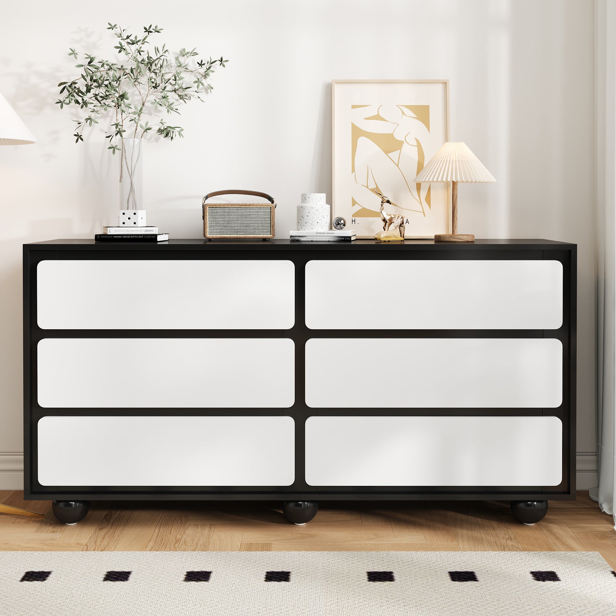 Nowoczesna komoda 140x38x74,5 cm - 6 szuflad - Nogi metalowe okrągłe - Płyta wiórowa - Czarno-biała