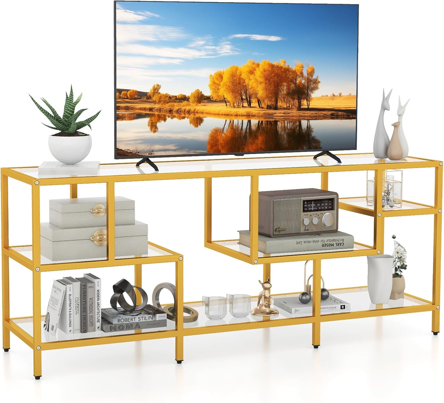 Szafka pod telewizor do 65 cali, stolik pod telewizor z półkami z hartowanego szkła, regał pod telewizor do salonu, złoty, 147 x 40 x 62 cm