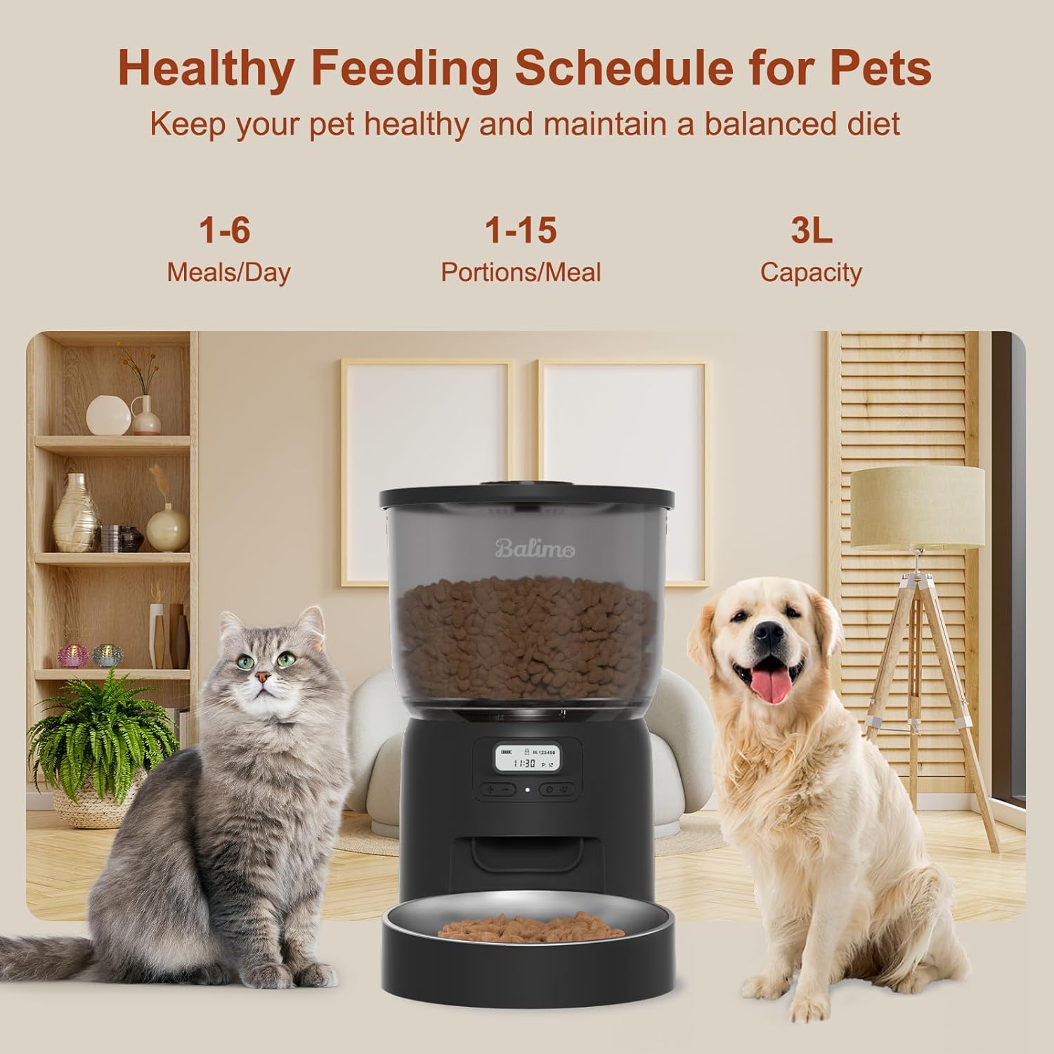 Balimopet Distributeur de Croquettes Automatique 3L pour Chats/Chiens ,Bol avec acier inoxydable,Noir - 2