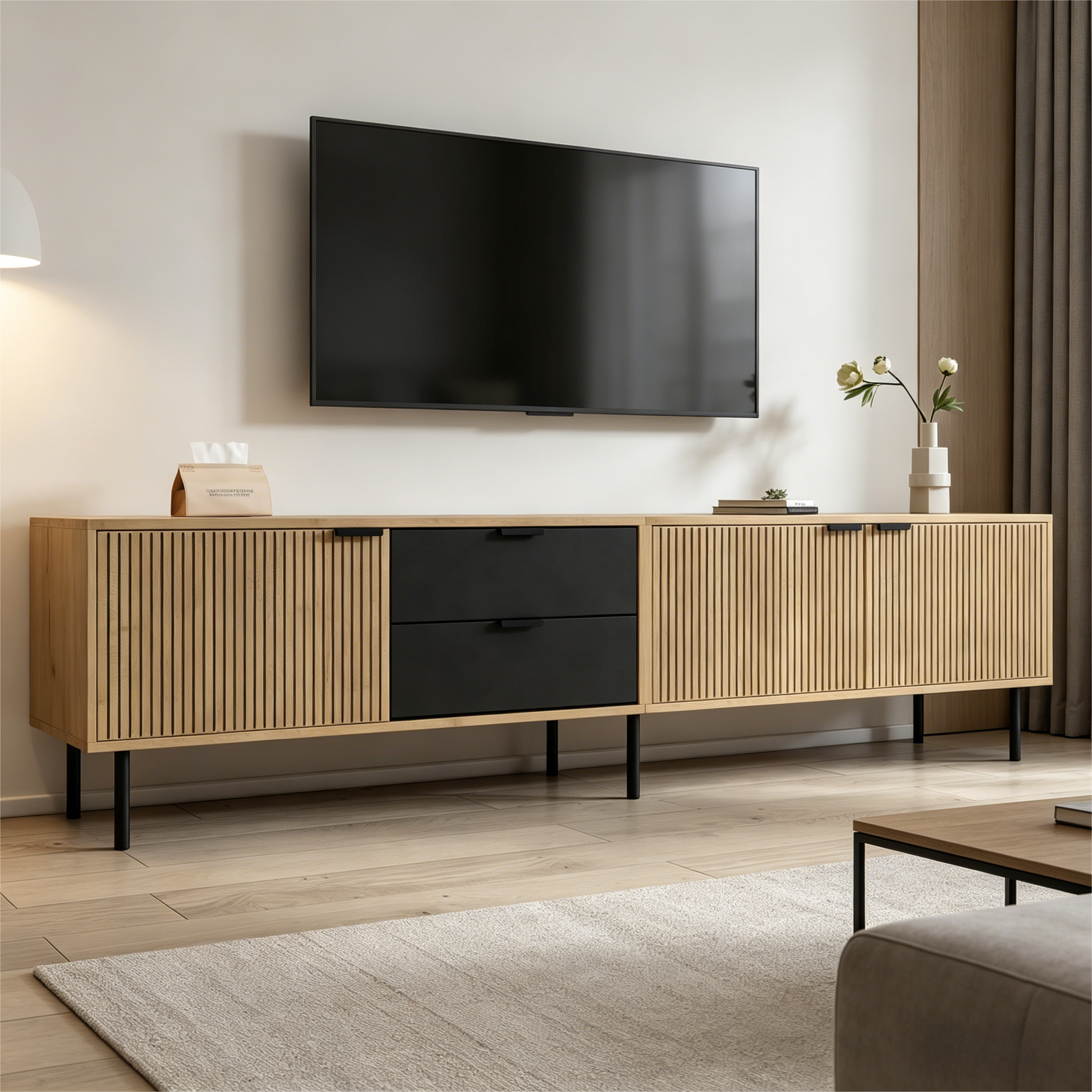Stolik pod TV z 3 drzwiami i 2 szufladami - 208 x 40 x 48 cm - Płyta wiórowa i metalowe nogi - Kolor czarny z efektem drewna - 9