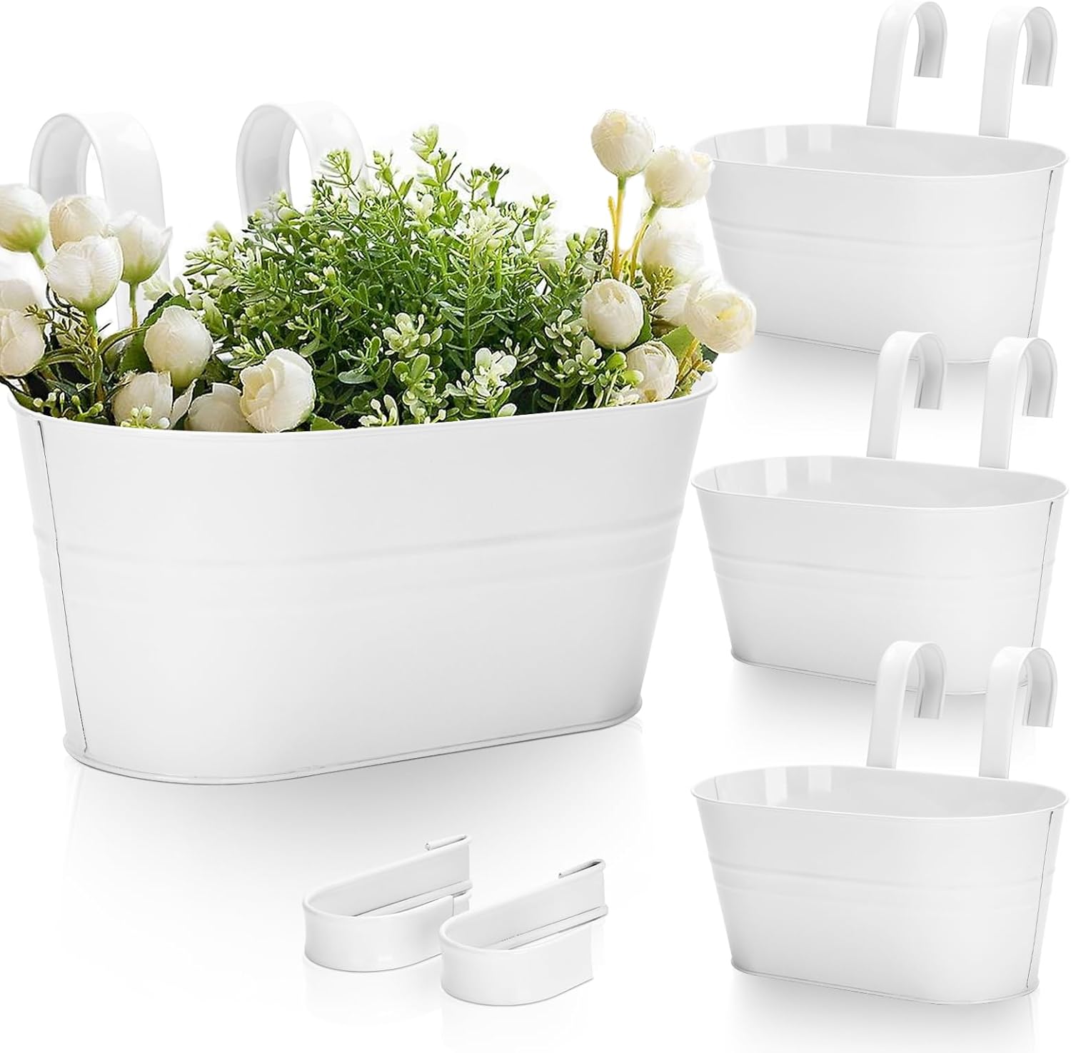 Metalowe doniczki wiszące 27 cm, 3 szt., do stosowania wewnątrz i na zewnątrz, na balkonie, z odpinanymi haczykami, białe