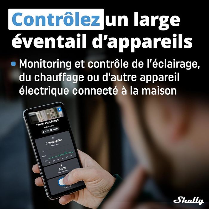Shelly Plus Plug S - Blanc - Prise connectée Wi-Fi programmable 12A - 2500 W - Horaires & Minuteur - Compteur de conso - Blanc - 4