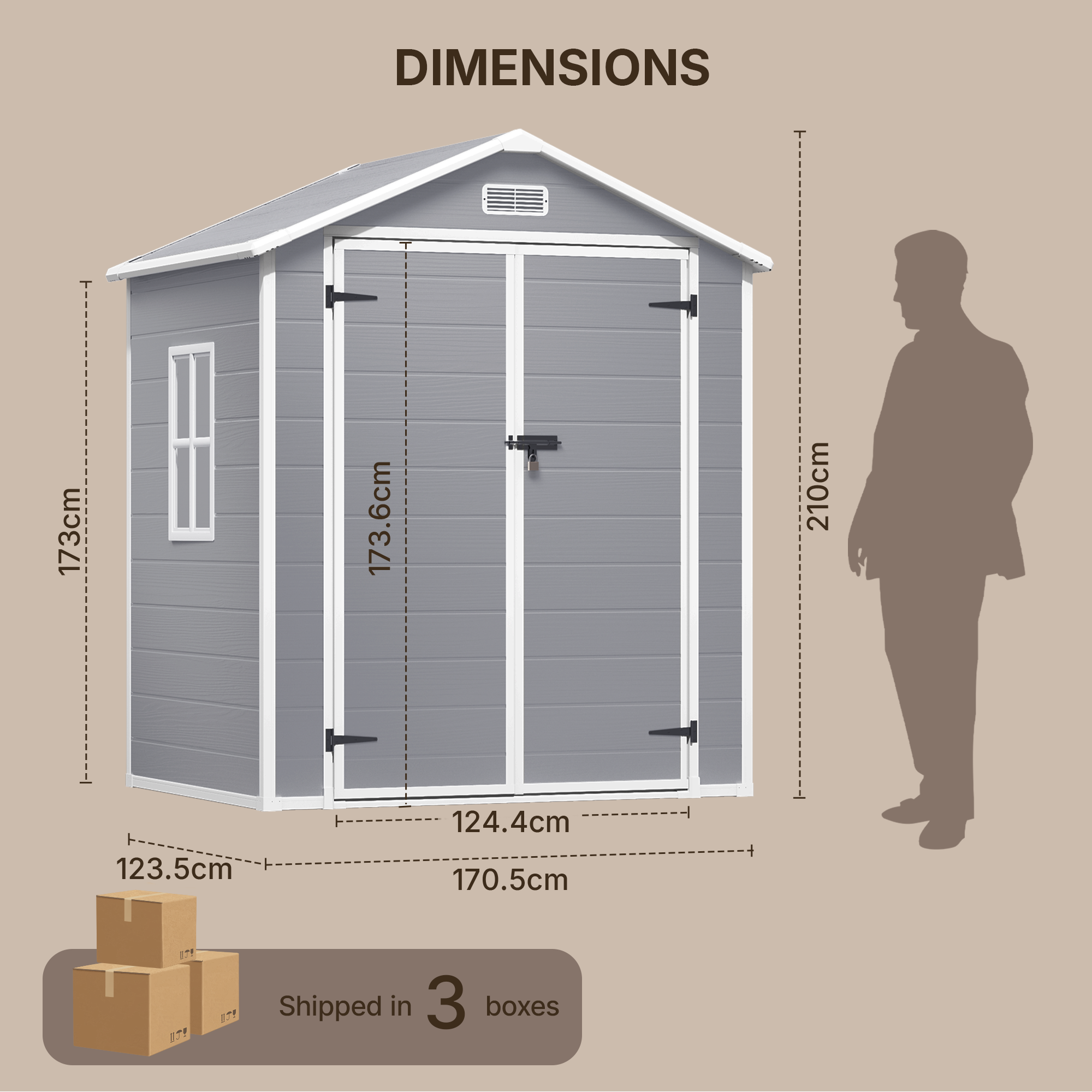Cobertizo De Jardín De Resina Impermeable Y Antirrayos UV, Con Ventana Y Cerradura, 170x123cm, Gris Almacenamiento Exterior Para Herramientas - 3