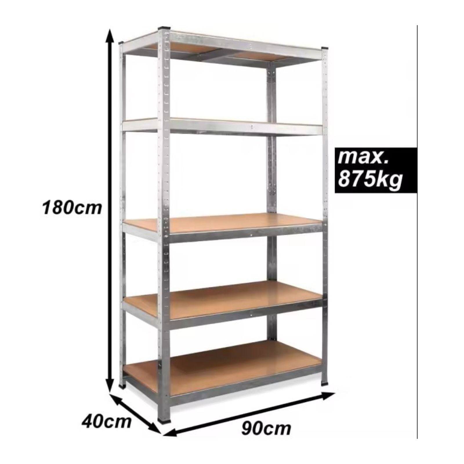 Pacote de 5 Estantes Metálicos Galvanizados DASCK – 5 Prateleiras por Unidade, 875 kg cada (180 x 90 x 40 cm) – Total 4375 kg - 3