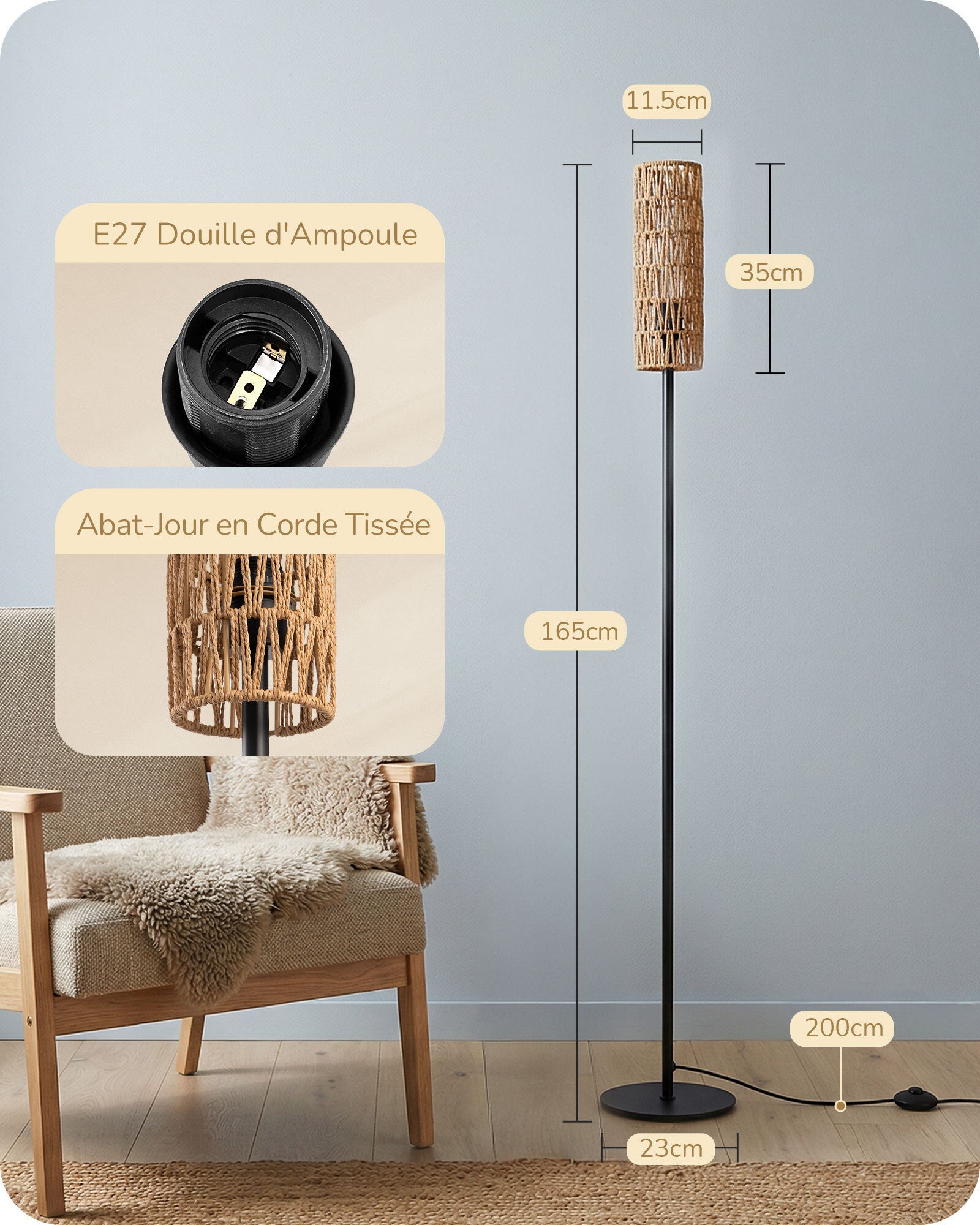 EDISHINE Lampadaire sur Pied Salon 165 cm, avec E27 Ampoule LED 2700K, Interrupteur à Pédale, Abat-jour en Corde Tissée - 5