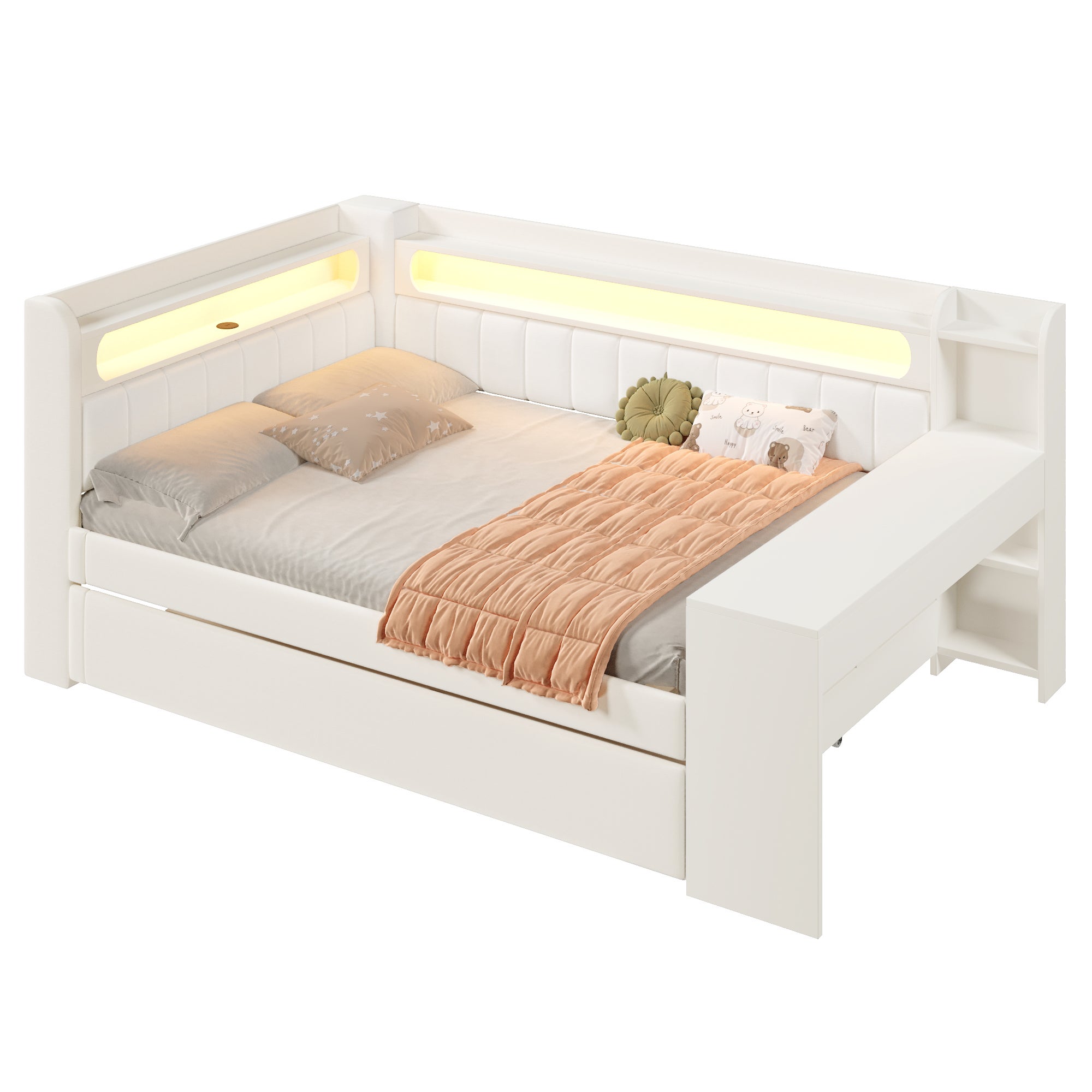 Tapicerowana sofa rozkładana 140x200 cm - z portami USB i LED - z wysuwanym łóżkiem i biurkiem - biała (materac nie jest wliczony w cenę) - 7