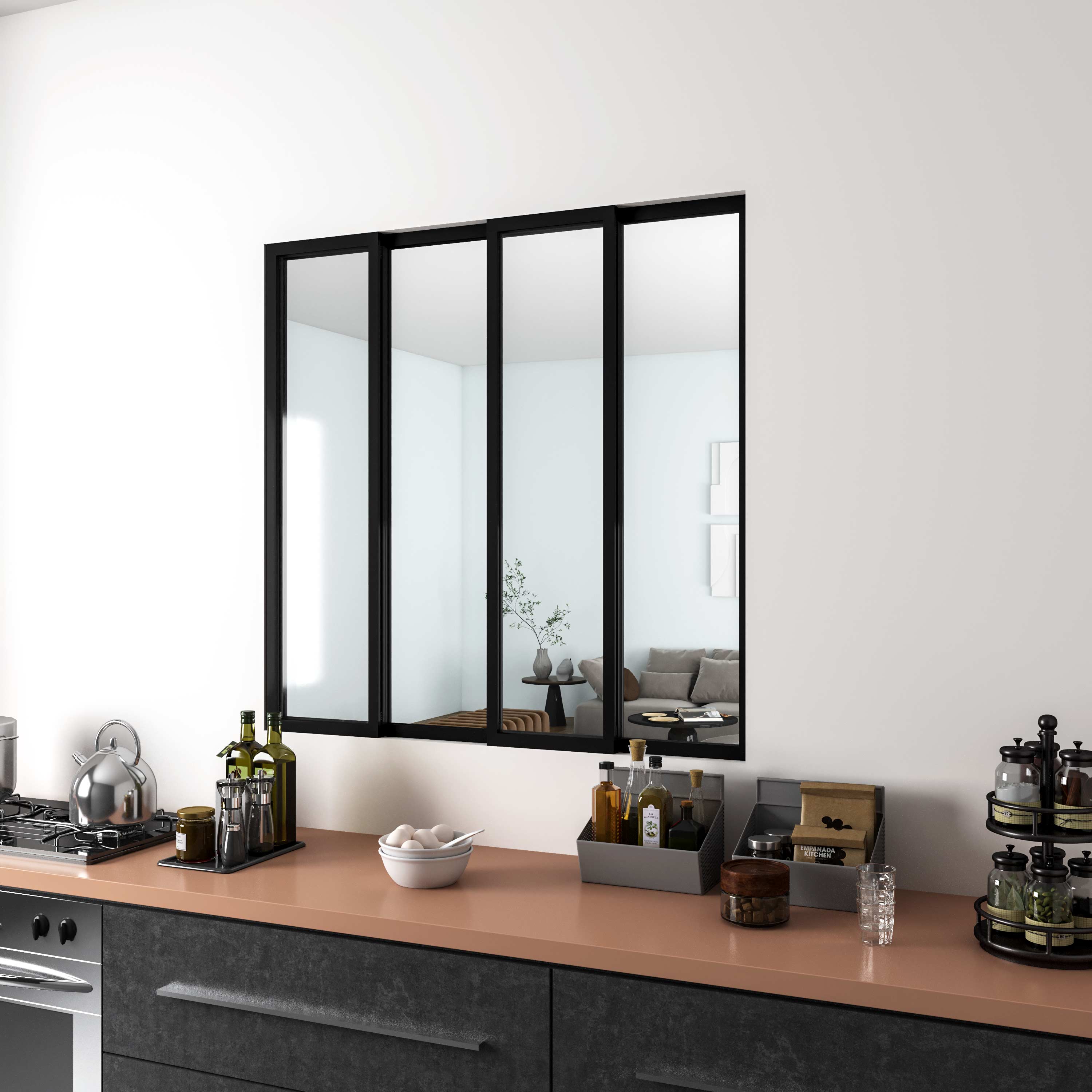 Verrière atelier coulissante en alu noir, 123 x H.108cm, 4 vitrages ( 2 fixe + 2 mobile ) clairs inclus, en kit complet - 3