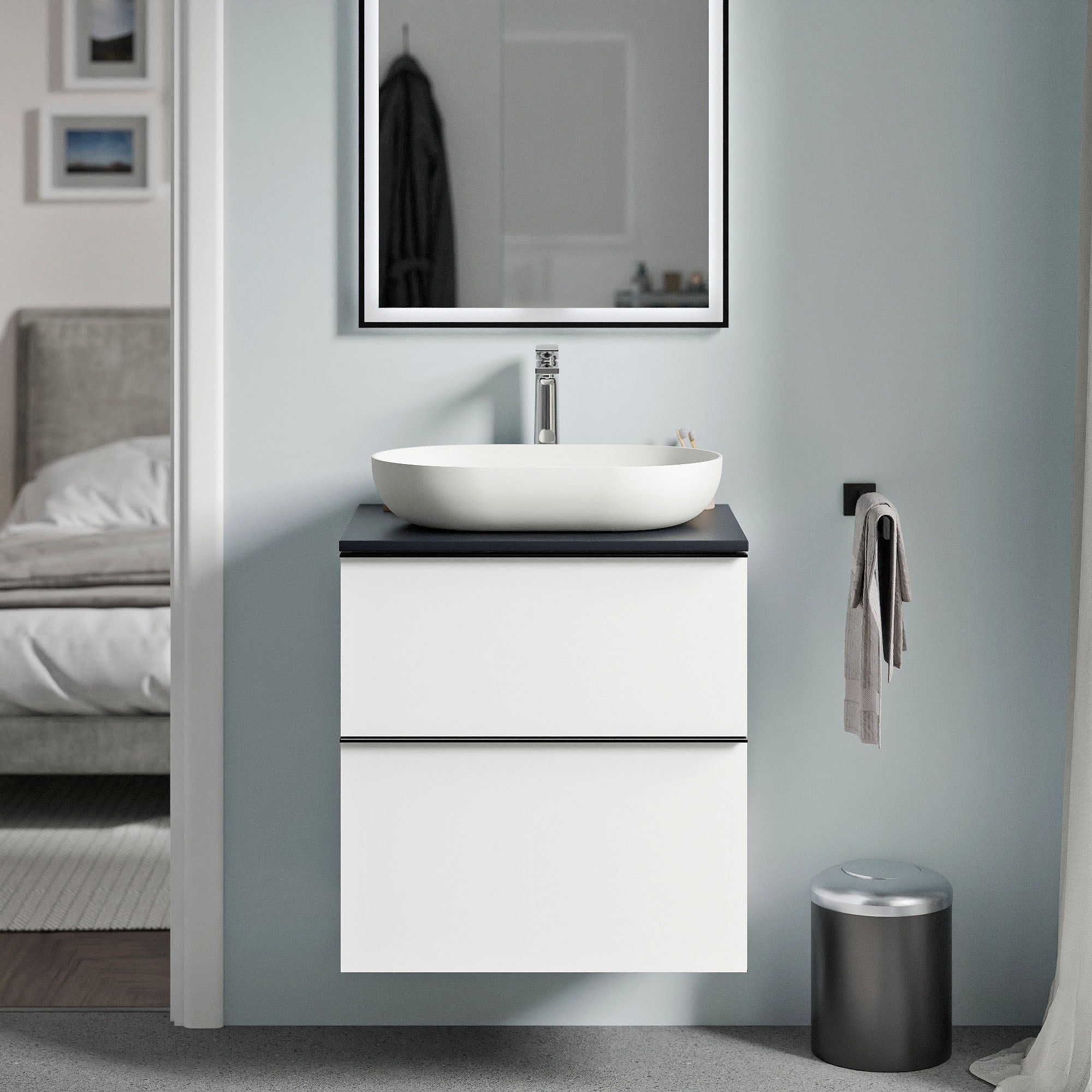 Bernstein - mueble lavabo suspendido mdf blanco mate, encimera de lavabo azul noche mate, tirador antracita mate 60x46x62cm - lavoa