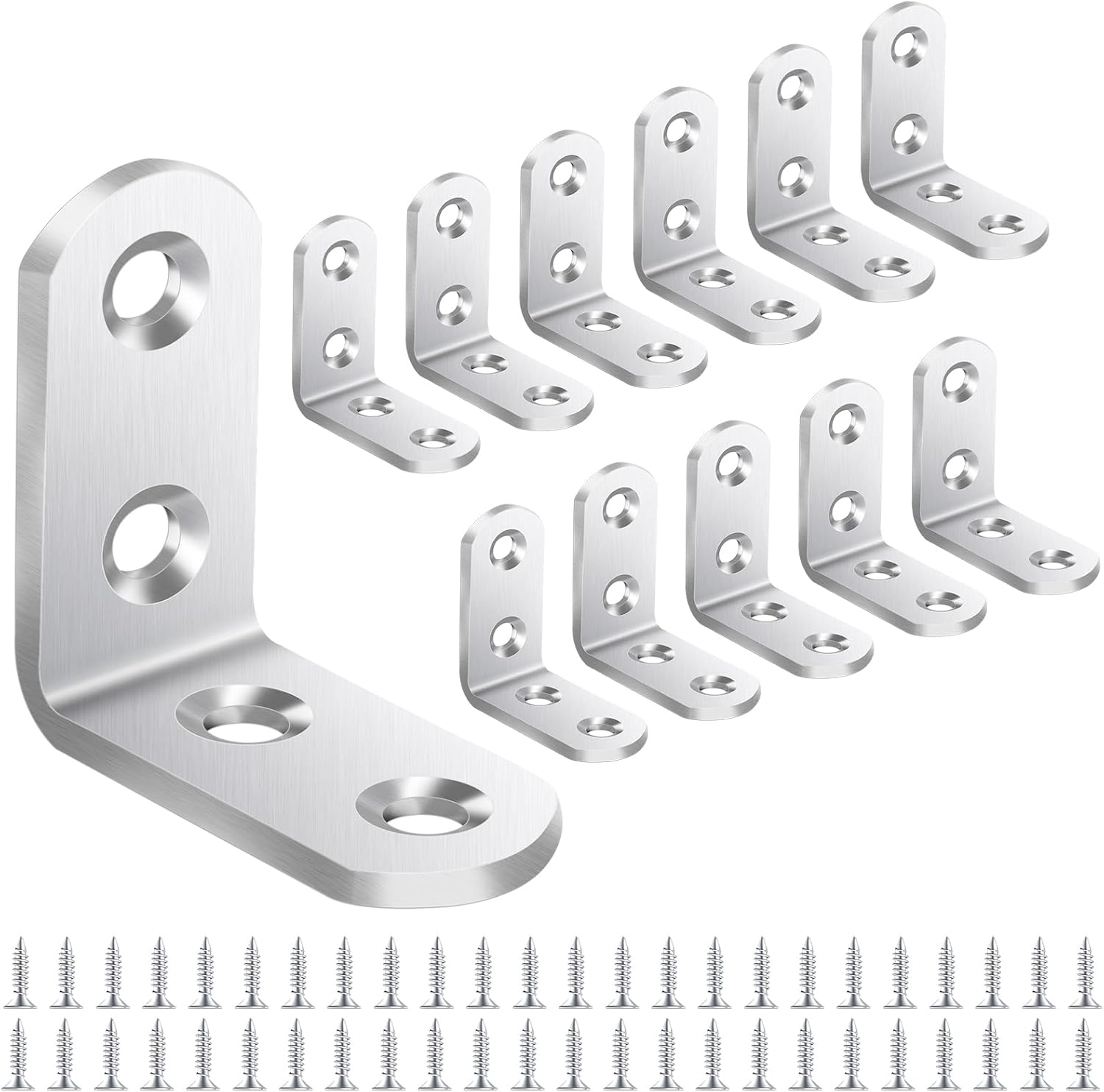 Opakowanie 12 sztuk 40 mm x 40 mm narożników w kształcie litery L, prostych, do mebli drewnianych, w kolorze srebrnym.