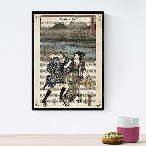 Poster de japoneses en el lago. láminas de geishas. diseños japoneses con definiciones de la cultura japonesa. marco blanco - a3