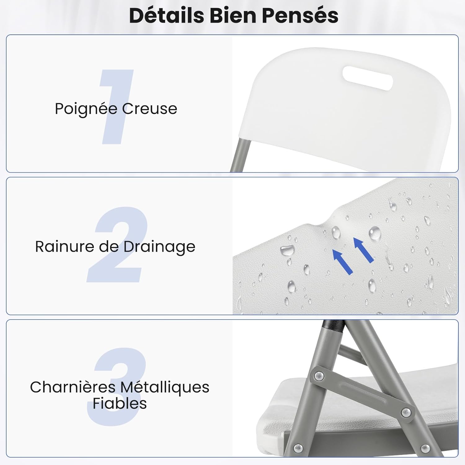 Lot de 4 Chaises Pliantes en Plastique HDPE, Cadre en Métal, Chaises d'Appoint Portables avec Pieds en Métal, Capacité 160 Kg - 4