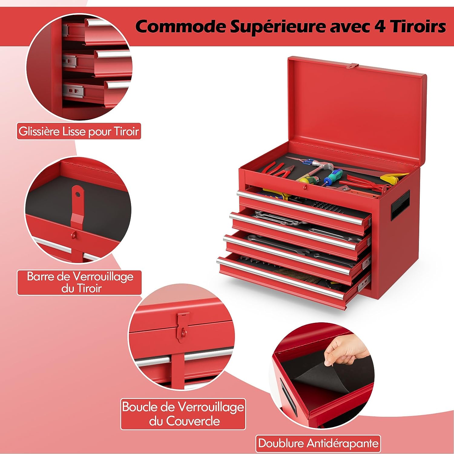Servante d’Atelier à Outils 4 Tiroirs Compartiment Amovible Etagère Rouge - 4