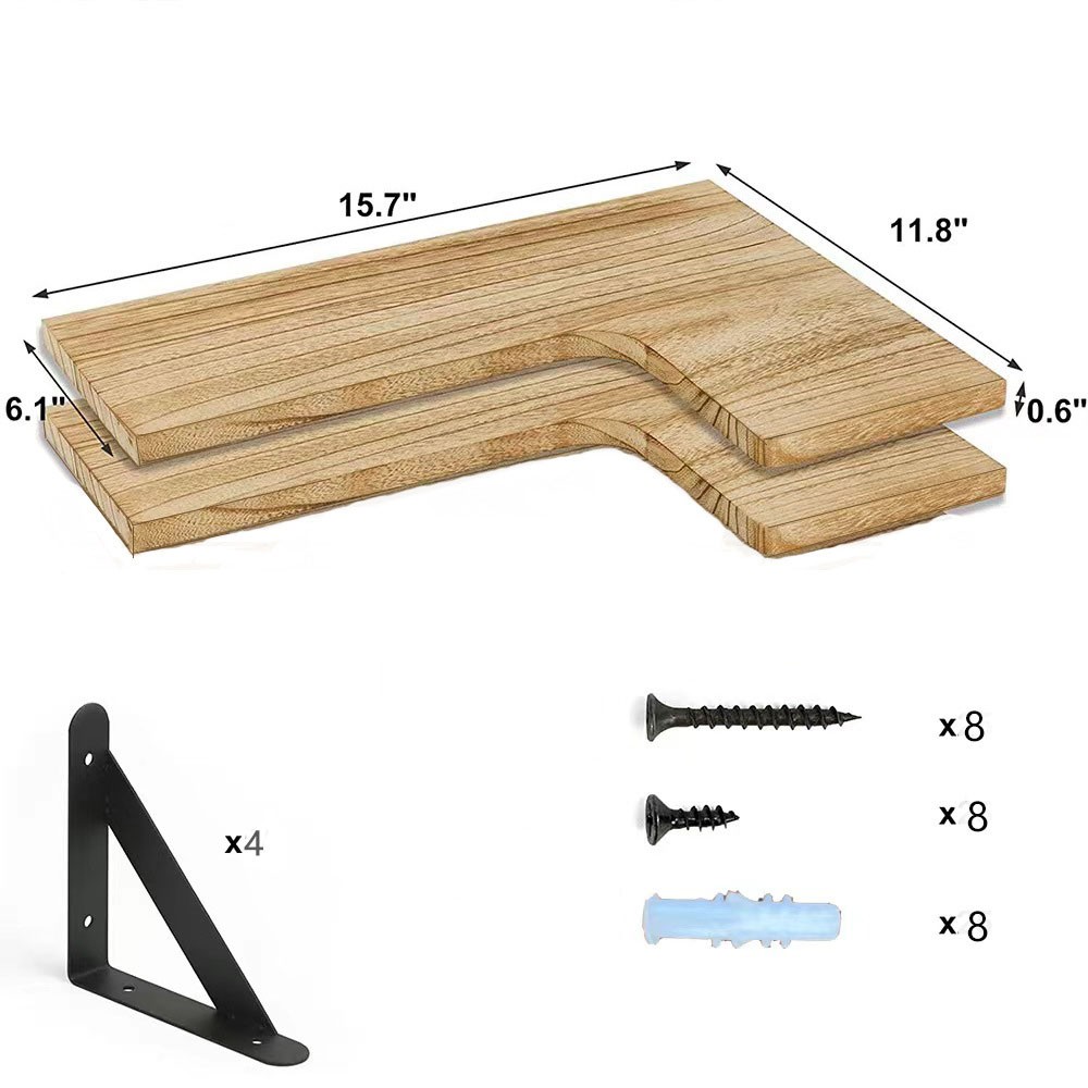 Lot de 2 étagères d'angle murales en bois pour chambre à coucher, salle de bain, cuisine, crèche, salon, bureau, étagères d'angle flottantes - 2