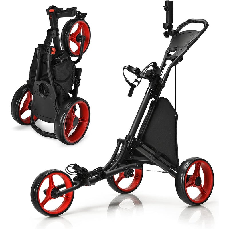 Składany Wózek Golfowy z 3 Kołami, 4 Różne Wysokości, Aluminiowa Rama, Regulowany Uchwyt na Parasol, Wodoodporna Torba, Hamulec Nożny, 121x70x116 cm