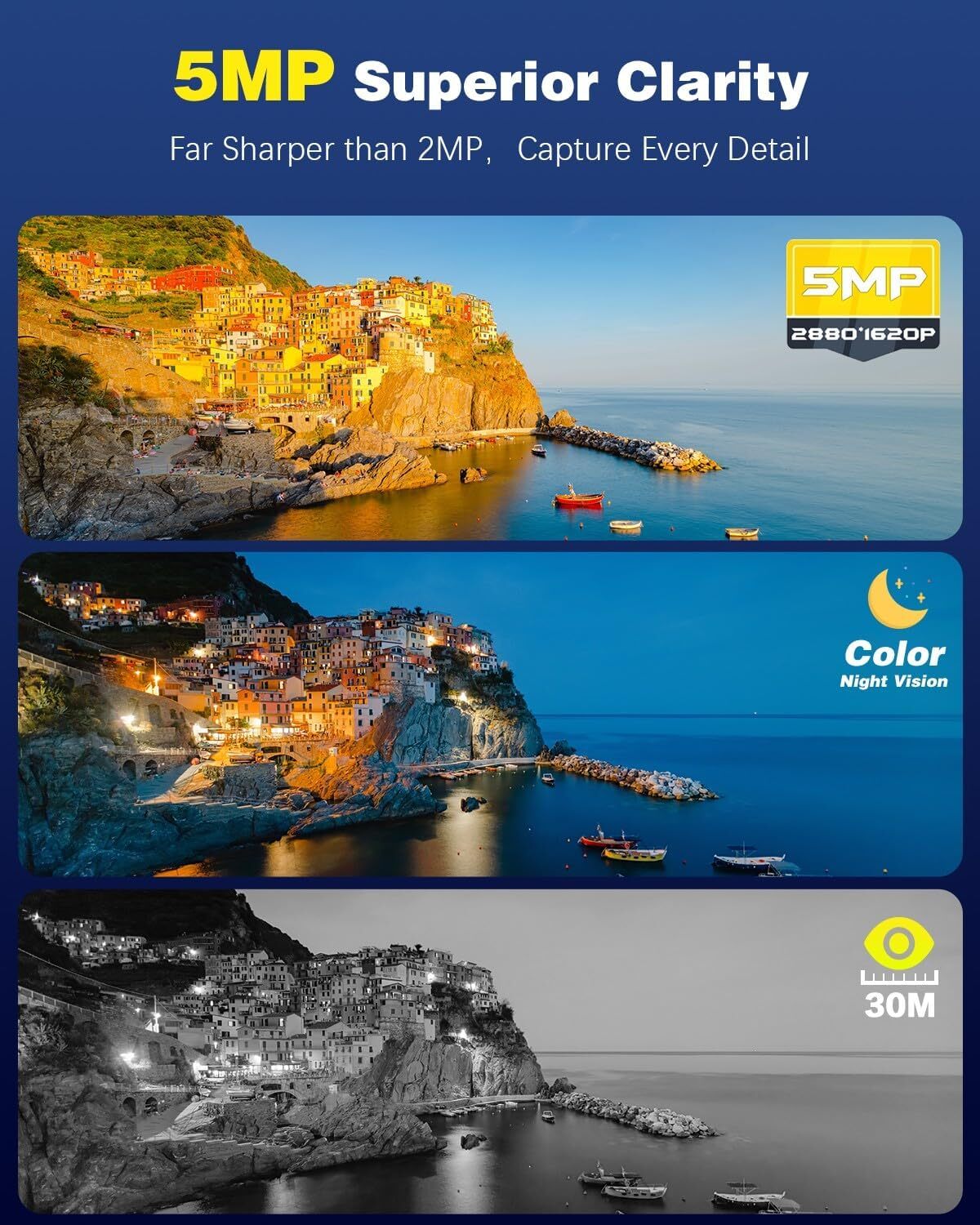 Caméra de surveillance sans fil Ctronics 5MP extérieure, panneau solaire 6W, alarme sonore et lumineuse, contrôle à distance via PC/téléphone, FTP - 2