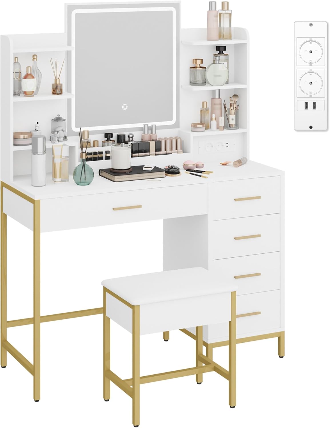 Bromarkt  Tocador De Maquillaje Con Taburete, Espejo Hd Y Luces Led Ajustables Clara , Leroy Merlin