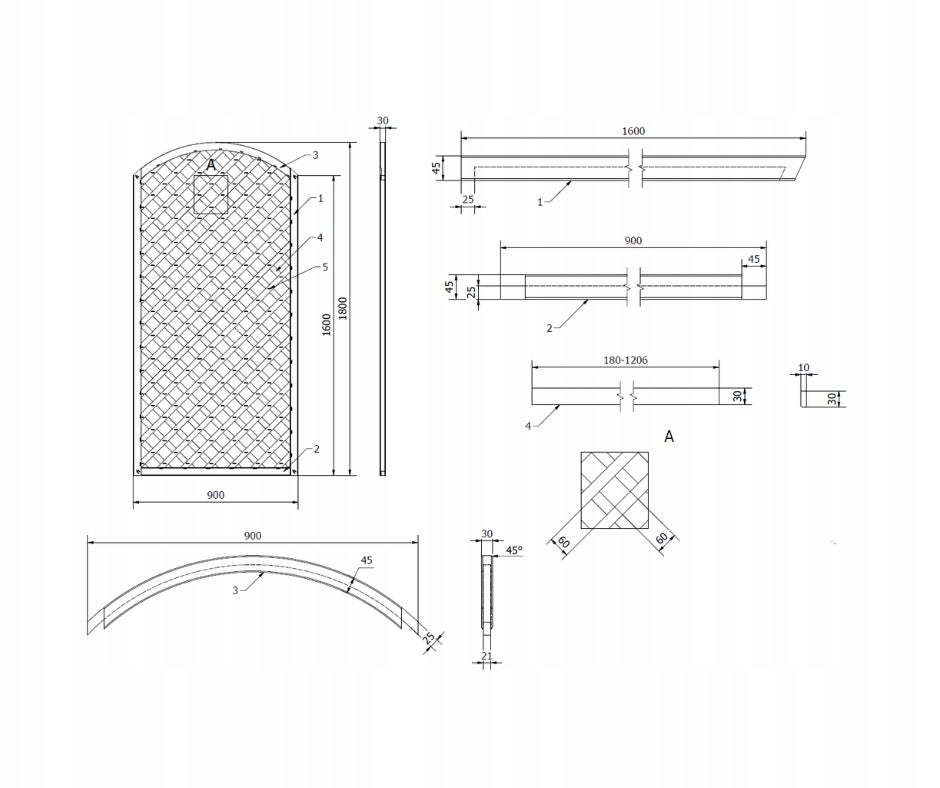 Kratka diagonalna łuk Roma 90x180/160 cm (oczko 6x6 cm) - 2