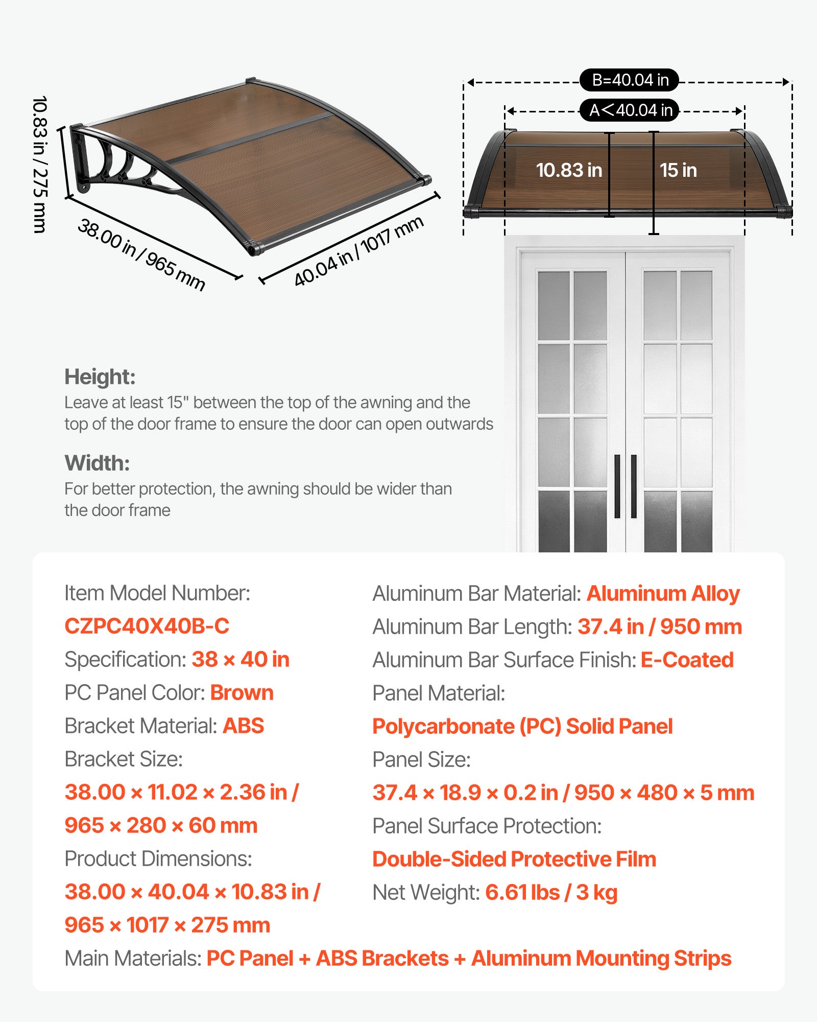 Cobertura para porta de entrada VEVOR 96,5 x 101,7 cm Marquise para porta exterior em policarbonato, proteção contra chuva, neve, sol, castanho - 7