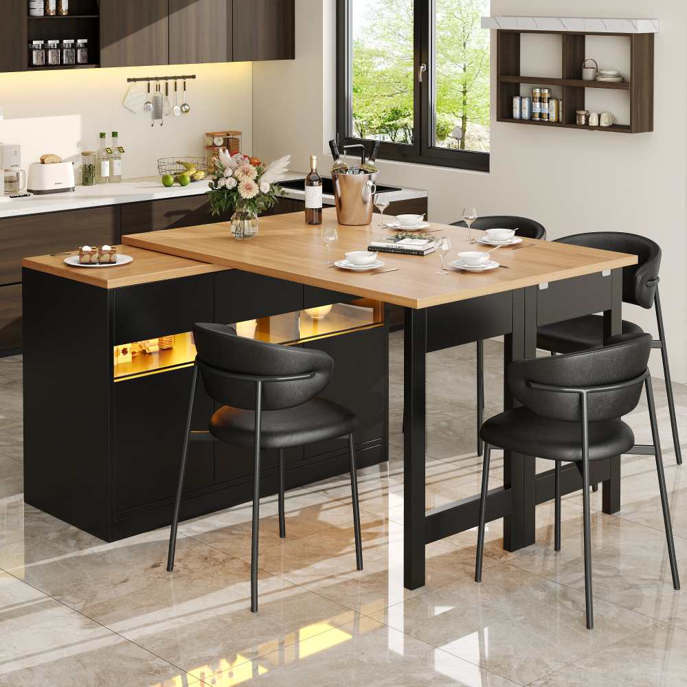 Mesa de bar LED extensible 120-180cm, rotación 360°, isla de cocina moderna con almacenamiento - 2