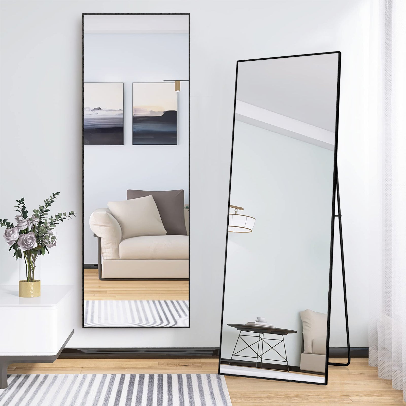 Miroir sur pied pleine longueur, 165 x 60 cm, Noir HD, cadre en alliage d'aluminium, miroir mural en verre trempé, idéal pour la chambre, le dressing - 6