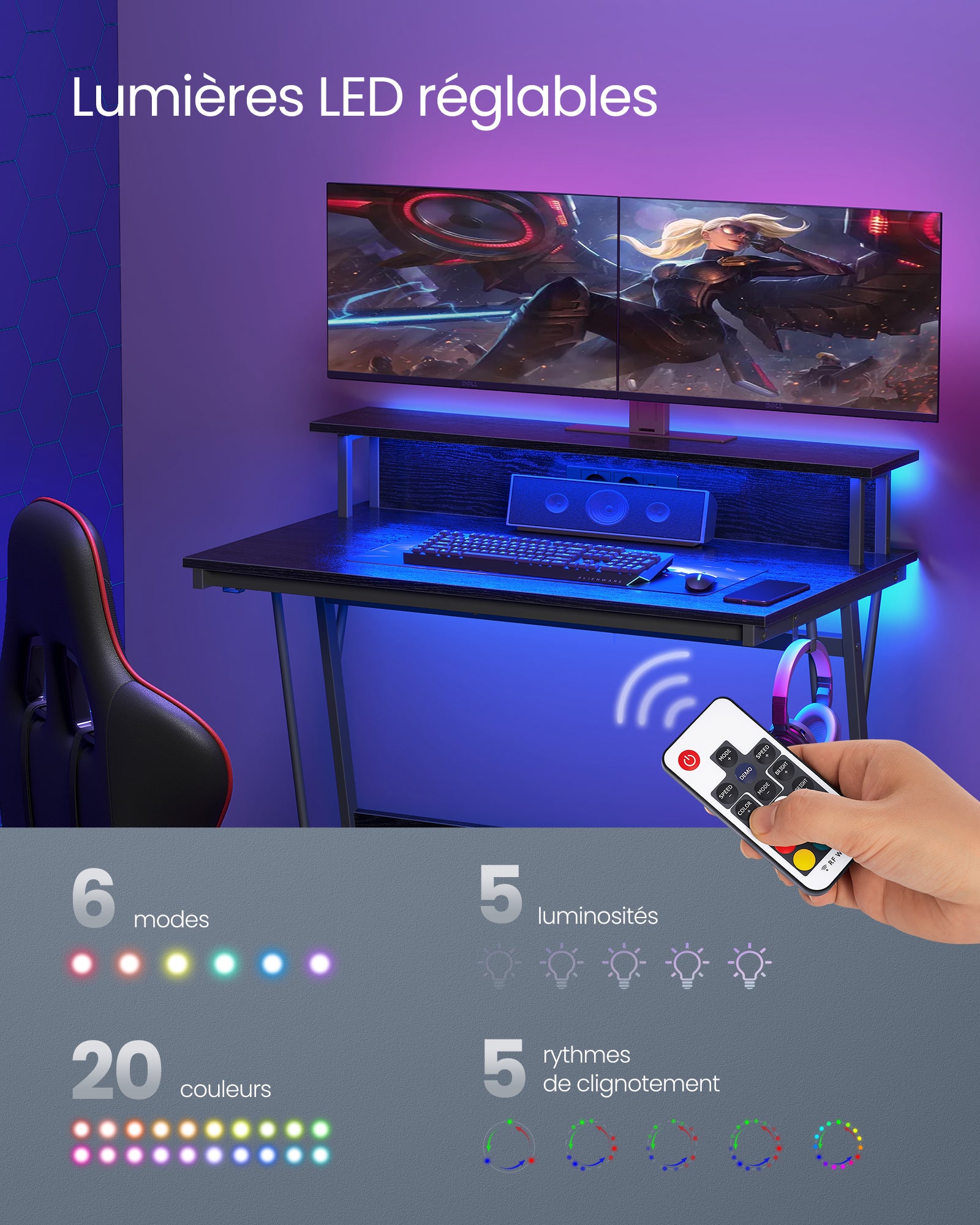 Bureau Gaming avec LED et Multiprise, Bureau Informatique avec Rehausseur d’Écran, 60 x 100 x 76 cm, Noir Boisé - 3