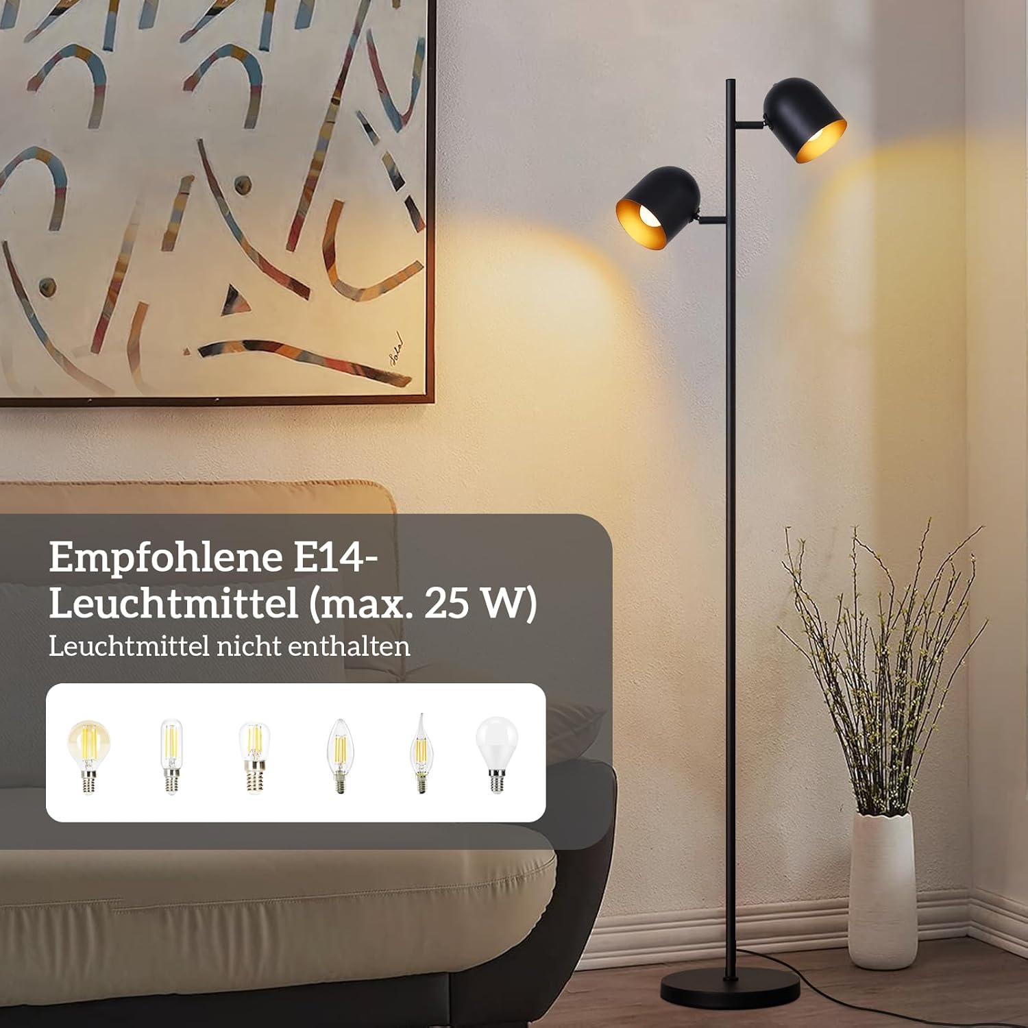 ZMH Lampadaire noir doré E14 Métal Vintage Lampadaire multi-tête 145cm - 2